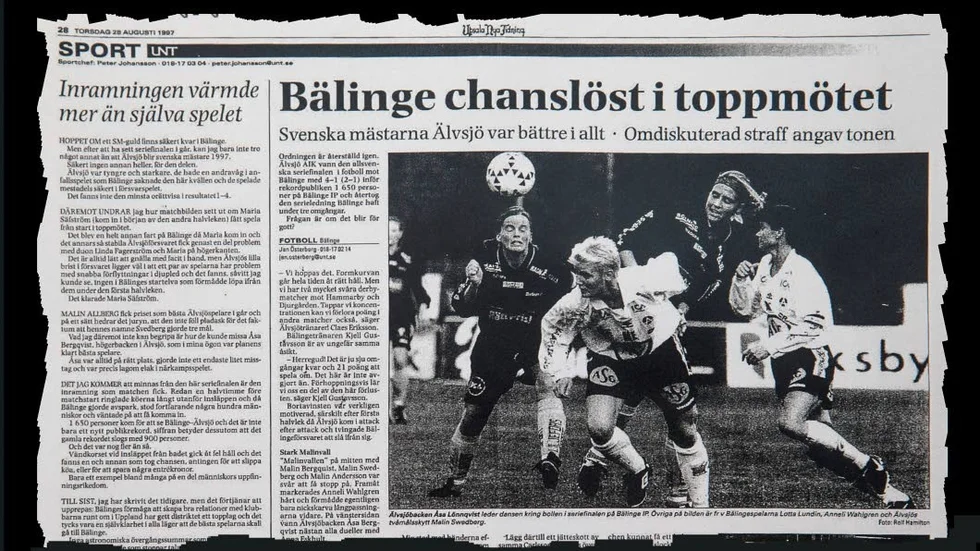 UNT 28 augusti 1997. Bälinge har mött Älvsjö inför storpublik och UNT hade två reportrar och en krönikör på plats för att rapportera om matchen.