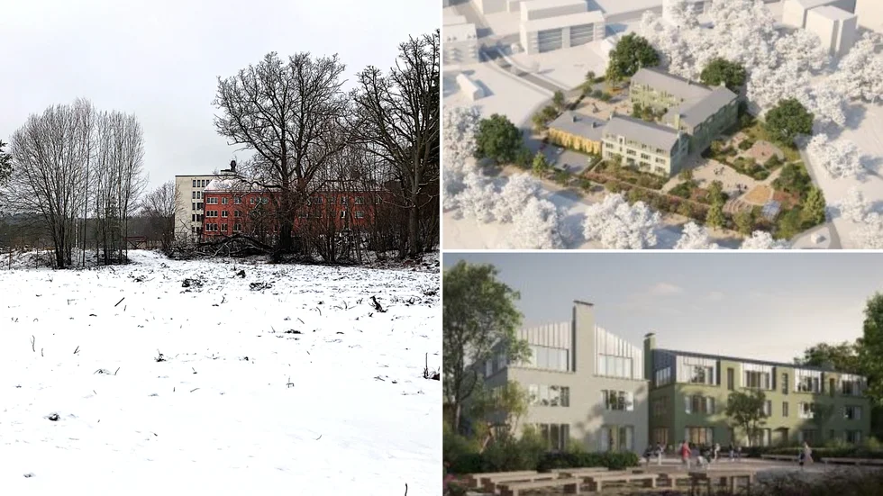Så kan den nya skolan komma att se ut. Skolan med idrottshall planeras i området mellan nuvarande Bahcostaden och Robinson Fanna. Peab och kommunen är markägare.