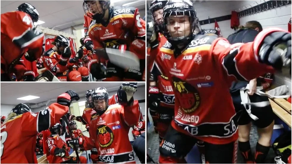 Luleåspelarna dansar i omklädningsrummet.