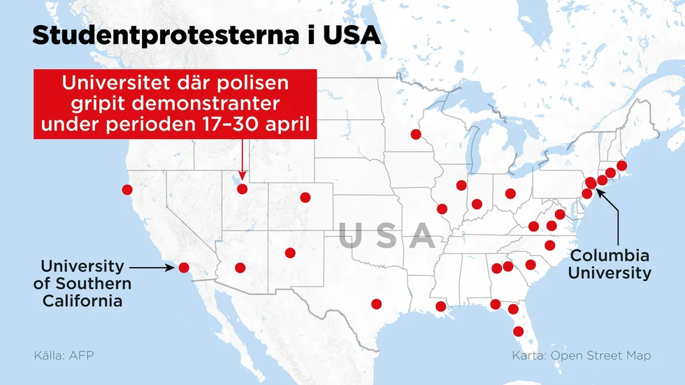 Kartan visar universitet i USA där polisen gripit demonstranter under perioden 17–30 april.