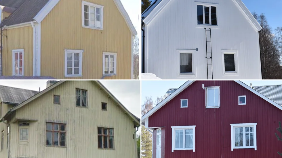 Hus som anses förvanskade, före och efter. Överst är fall 1, då fönster, fasad och plåttak måste bytas till äldre modell. Nere är fall 2 där fönster måste bytas. 