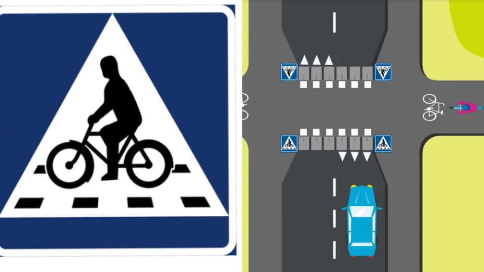 Till vänster trafikskylten och till höger hur en sådan korsning ska se ut. 