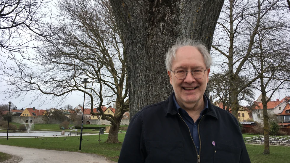 En bild av Jörgen Hedman stående vid ett träd i Almedalen.