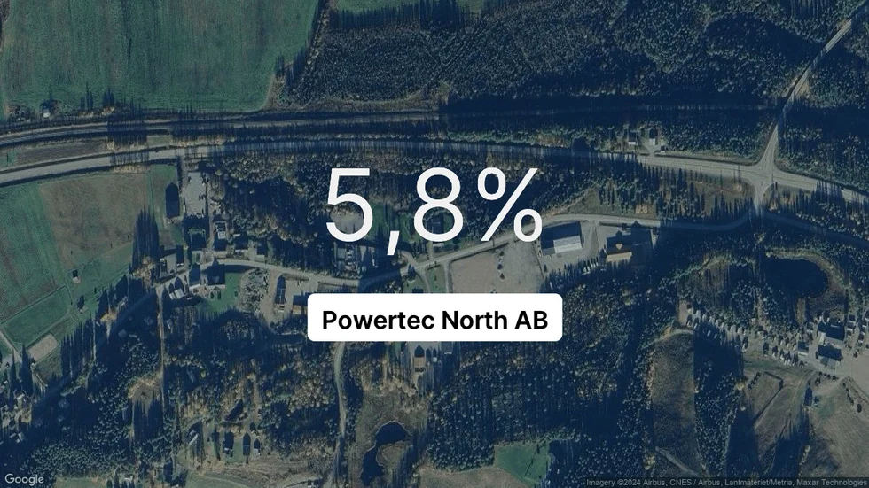 Illustrationen visar rörelsemarginalen för Powertec North för det senaste året. Bakgrunden är en satellitbild över företagets adress.