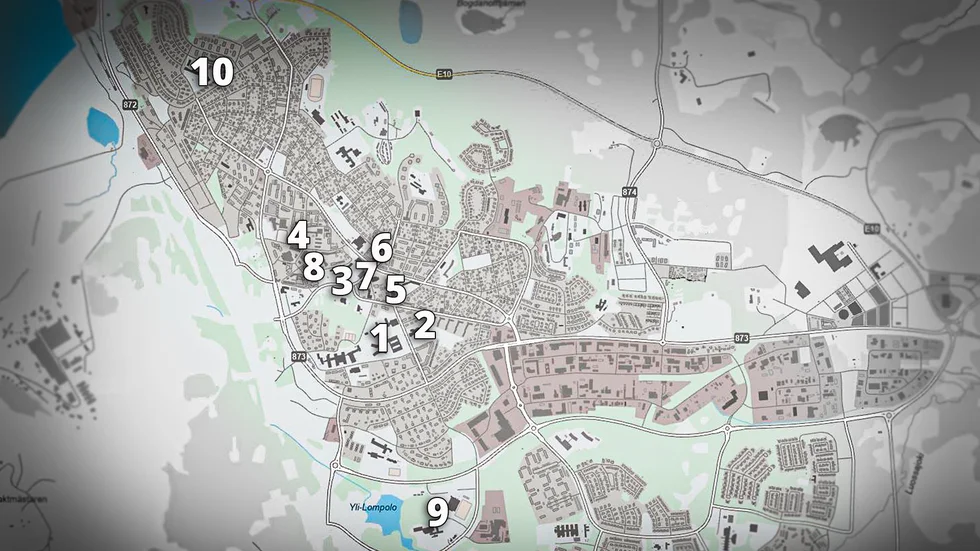 Ett urval av byggnader som i dagsläget är påverkade av sprickor. Fler fastigheter är påverkade och utreds. 
1. Sjukhuset
2. Triangelskolan
3. Parkskolan
4. G:a Domushuset
5. Thulegården
6. Sporthallen
7. Badhuset
8. Gallerian
9. Malmia
10. Luossavaaraskolan