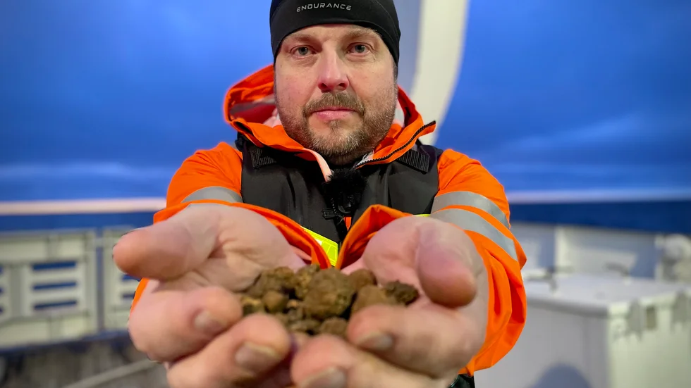 Peter Lindberg, vd på företaget Scandinavian ocean minerals, visar upp de metallrika klumpar som finns i Bottenvikens djup.