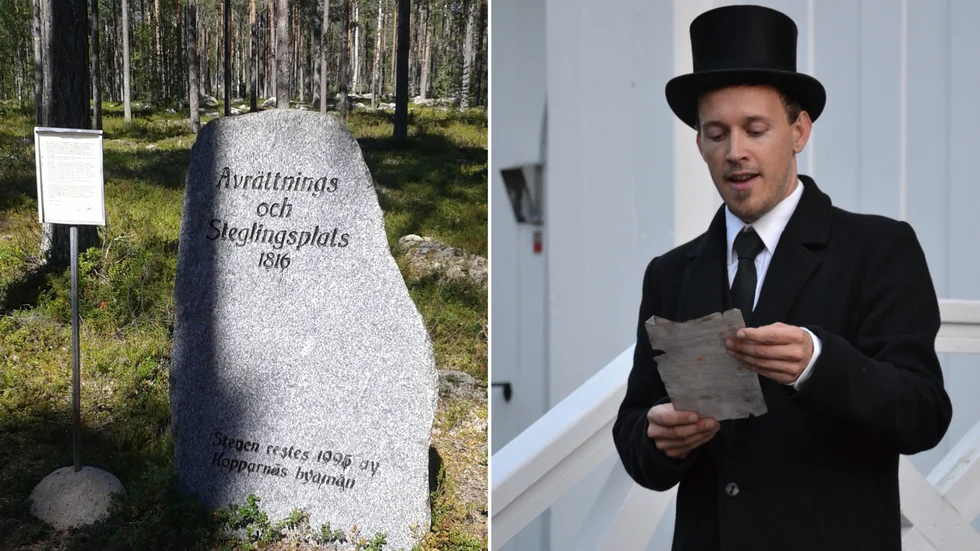 Till vänster ses minnesstenen i Kopparnäs utanför Piteå, tidigare avrättningsplats. Till vänster museipedagog Morgan Stenberg som sitt alter ego Nattrackaren, berättandes historier från förr.