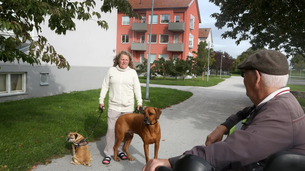 Yvonne Birgitsdotter är sjukpensionär och fick nyligen flytta med sin hund från kvarteret Riggen som ska rivas. En hyreshöjning på 1 000 kronor i månaden skulle hon inte klara. ”Nån skrev om husvagnspark, man får se sig om efter annat”.
