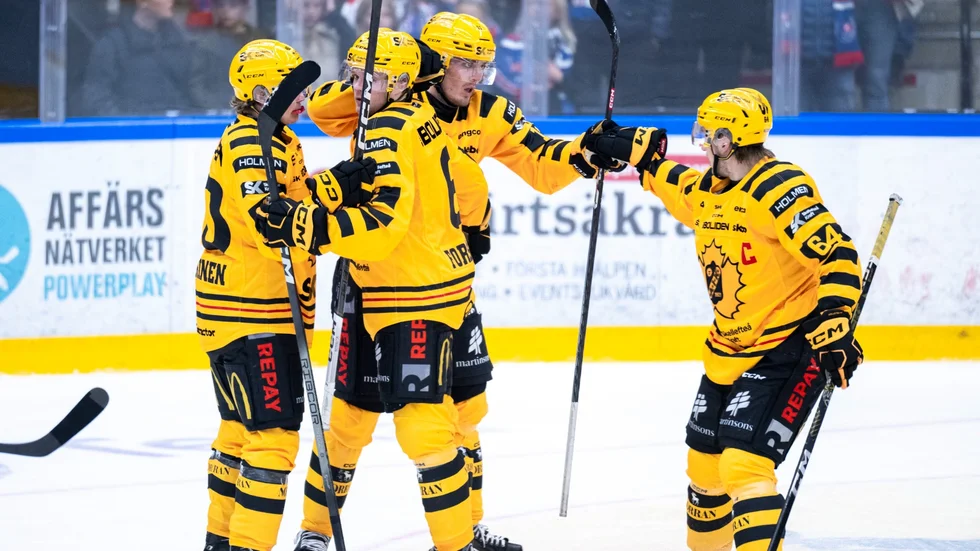Jonathan Pudas firar 1–1 tillsammans med Max Lindholm.