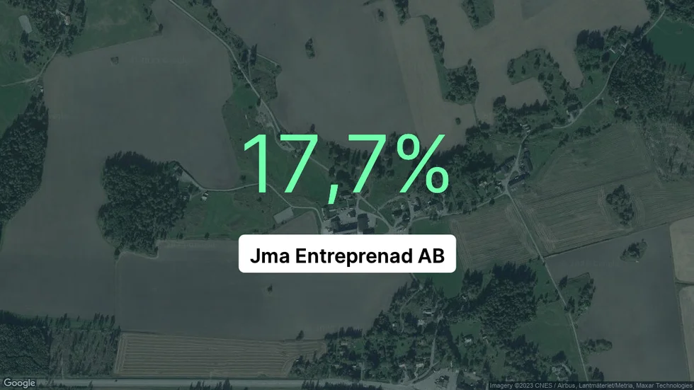 Illustrationen visar rörelsemarginalen för Jma Entreprenad för det senaste året. Bakgrunden är en satellitbild över företagets adress.