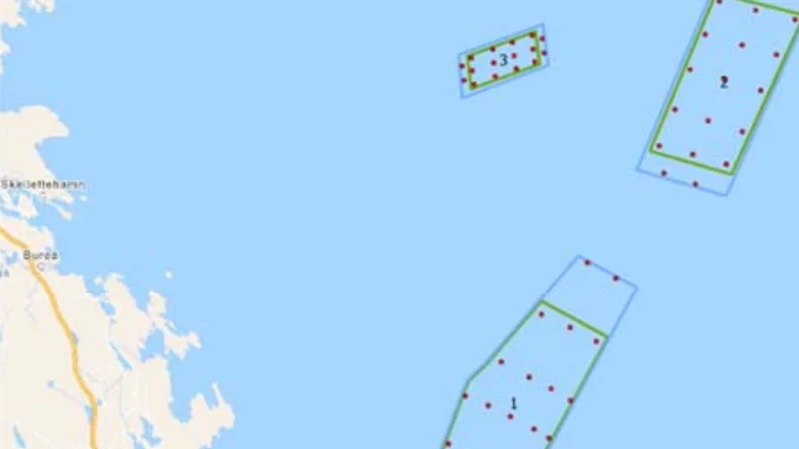 Här syns de platser om totalt 450 kvadratkilometer utanför Skellefteå kommun där företaget Scandinavian Ocean Minerals har beviljats undersökningstillstånd av regeringen.