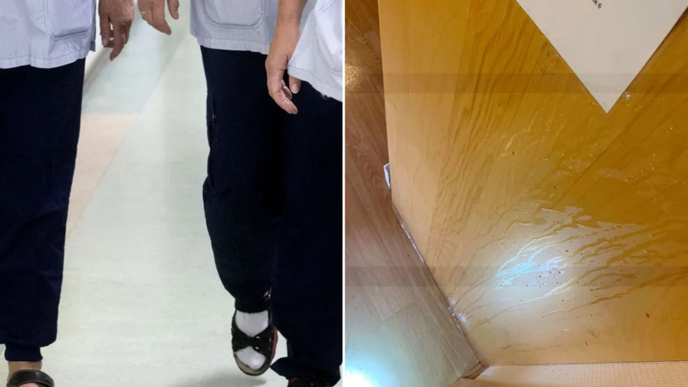 Misshandel genom att kasta varm olja på en kommunanställd. Polisens bild visar var delar av oljan hamnade. Nu döms tonårsfickan för flera hot- och våldsbrott mot personal på ett vård- och omsorgsboende inom Skellefteå kommun.