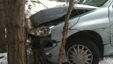 Krasch mot träd. Bilen sladdade av stora vägen mellan Broa och Fårö kyrka i måndags. Olyckan skedde på en plats med kraftiga spår/isvallar.Foto: privat