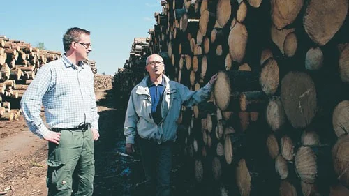 Råvaruchef Anders Kalén och vd Bo Skacke på Wallnäs AB utanför Mariannelund har snart timmerlagret fullt med 60 000 kubikmeter stormfällt virke. Bolaget väntas i år gå mot ett nytt rekordår.