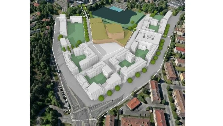 Planen för större delen av Folkungavallen. Mitt i skissen syns den nya simhallen.