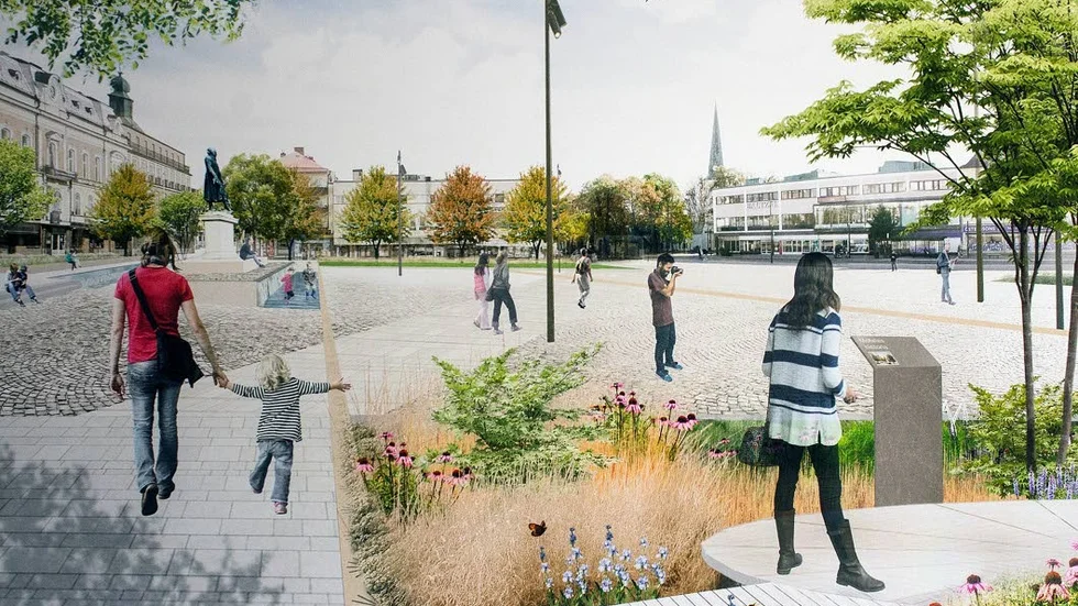 Så här såg arkitekttävlingens vinnande bidrag ut. Det heter Sjöstadens gröna sluss och det var företaget Topia landskapsarkitekter som tog fram det. 