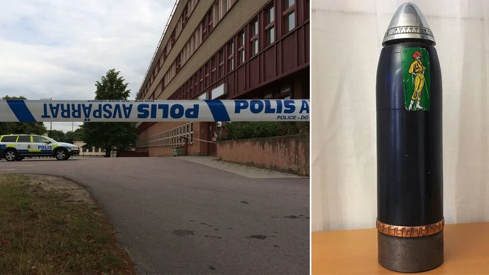 Avfyrad. Granaten väger drygt två kilo och har ett klistermärke på sig. Polisen tror att den har använts som prydnadsföremål.