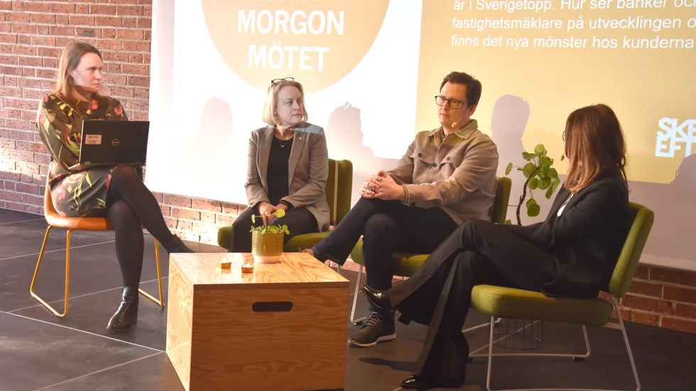 Vid paneldiskussionen vid fredagens morgonmöte deltog följande, fr v Anja Palm, Catarina Lidman, Patrik Larsen och Emelie Edergard.