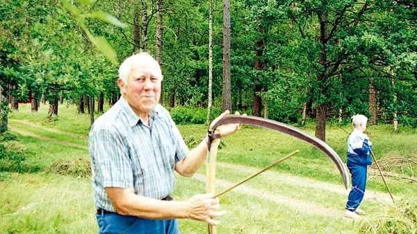 Gösta Edh bryner sin lie för att hålla den skarp.