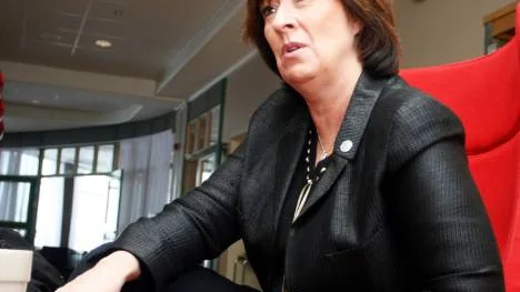 "LKAB ska förbli statligt", sade Mona Sahlin, socialdemokraternas partiledare under sitt besök i Kiruna.FOTO: Alexander Linder