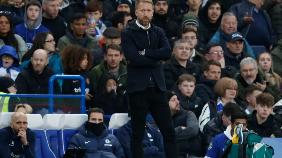 Graham Potter under sin sista match som Chelseatränare, lördagens förlust mot Aston Villa på Stamford Bridge.