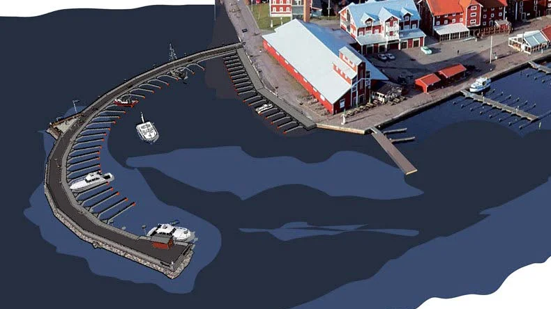 Den nya piren ska sticka ut som en arm bakom Motormuseet, och den gamla kajen mot land ska restaureras enligt planerna.