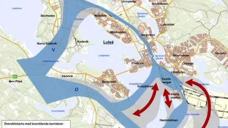 De blå fälten visar de alternativ till infart som Banverket fortfarande utreder. Röda pilar och grå fält är slopade alternativ.