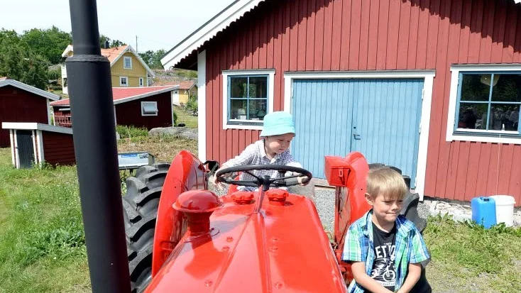 Caspian och Viktor Hayashi beundrar traktorn.