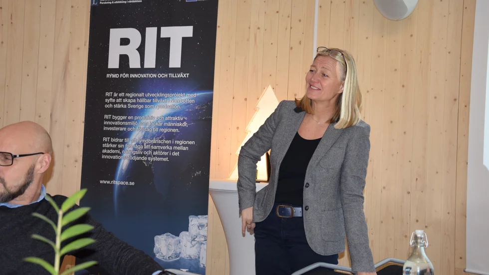 Johanna Bergström- Roos, LTU Business, berättade om affärsmöjligheterna kopplade till rymdteknik vid ett morgonmöte på onsdagen.