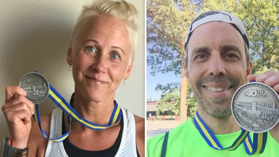 Jenny Lindqvist hade feber i veckan, men imponerade stort med nionde plats i klassen damer 40 år. Martin Eriksson gjorde sitt tionde Stockholm Marathon. Foto: Privat