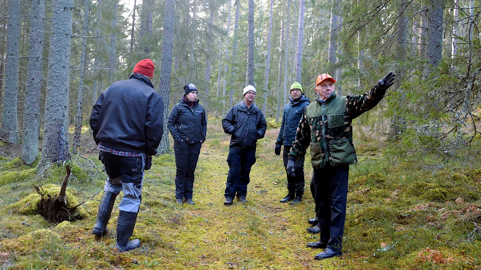 Sven-Erik Nilsson (till höger) visar runt i sin skog, där knäroten satt stopp för skogsbruket. Grannen Michael Andersson är med som stöd. Matilda Broo och Lennart Weidinger är skogskonsulenter på Skogsstyrelsen, Martin Unell från länsstyrelsen och bakom Sven-Erik står Therese Nilsson, distriktschef på Skogsstyrelsen.