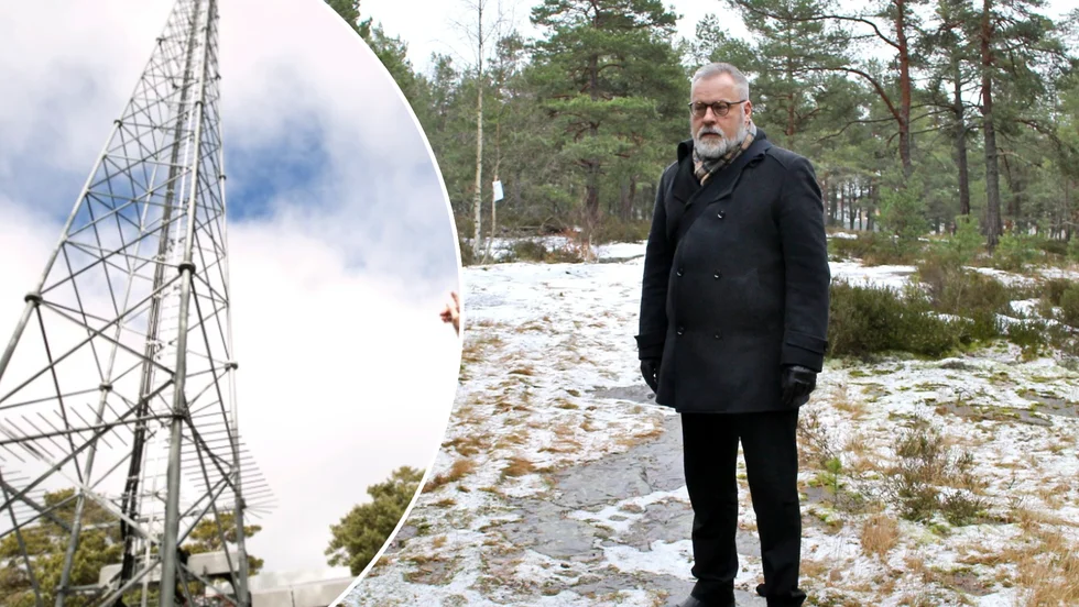 Jan-Peter Brinkby på den plats där en ny mobilmast kan bli verklighet. Till höger bakom Brinkby skymtar bostadsområdet bakom träden. Bilden är ett montage. 