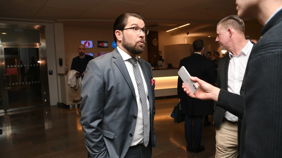 Sverigedemokraternas partiledare Jimmie Åkesson svarar på frågor efter debatten i TV4.