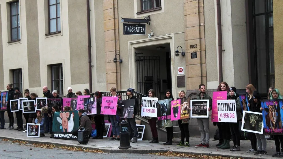 Manifestation. I samband med rättegången höll djurrättsaktivister manifestation utanför tingsrätten.