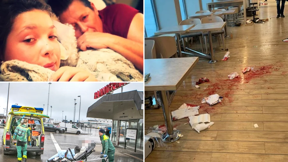 Uppe t.v: Wilma och Ancie Fernström. Nere t.v: En person tas omhand efter incidenten. T.h: Flera personer skadades och många blev chockade.