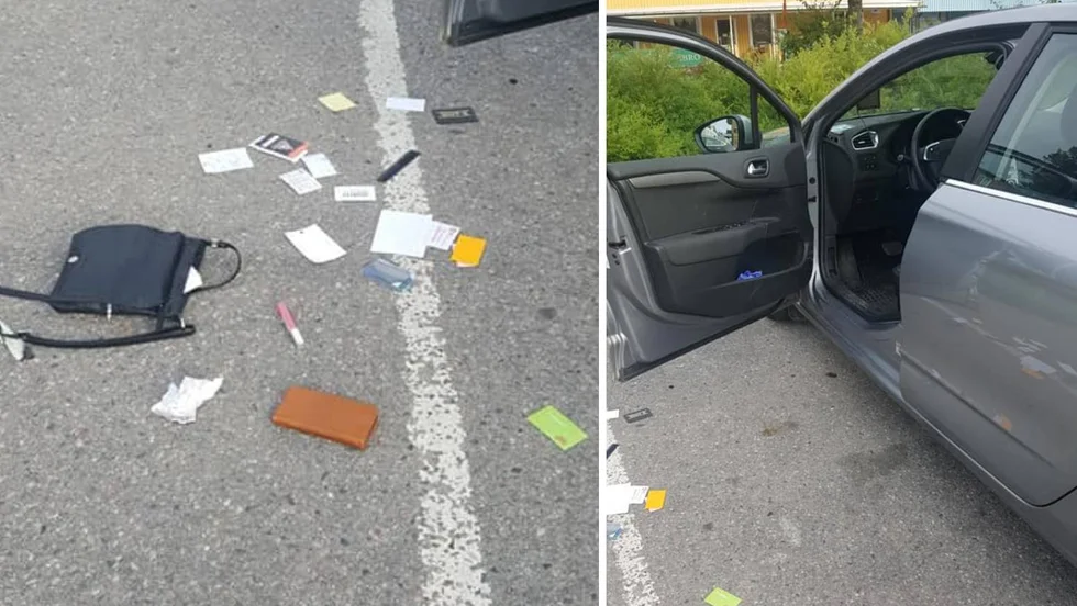Ett vittne såg hur gärningspersonen försökte stjäla bilen utanför butiken, men sedan i stället försvann till fots från platsen. Kvinnan som rånats kunde sedan få tillbaka sina tillhörigheter. 