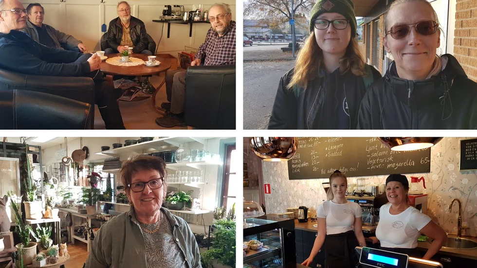 Arne Johansson, Torbjörn Atterteg, Tommy Kindstedt och Bertil Pettersson fikar och pratar om mejeriet. Jonna och Malin Viktorsson ser fram emot ny osttillverkning. Inger Eriksson på Ingers Blommor gillar nyheten om mejeriet. Natalie Lundqvist och Anna Franzén på Boxholms Nya Wienercafé har redan levererat en tårta för firandet.