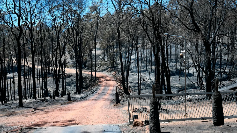 Nedbrunnen skog och staket till en gård nära Wooroloo, nordost om Perth.