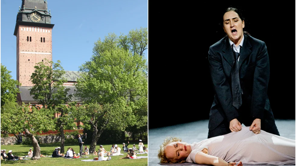 Till vänster Månssons trädgård under årets studentfirande och till höger Göteborgsoperans uppsättning av Glucks Orfeus och Eurydike från 2014. Då med med Katarina Karnéus och Kerstin Avemo.