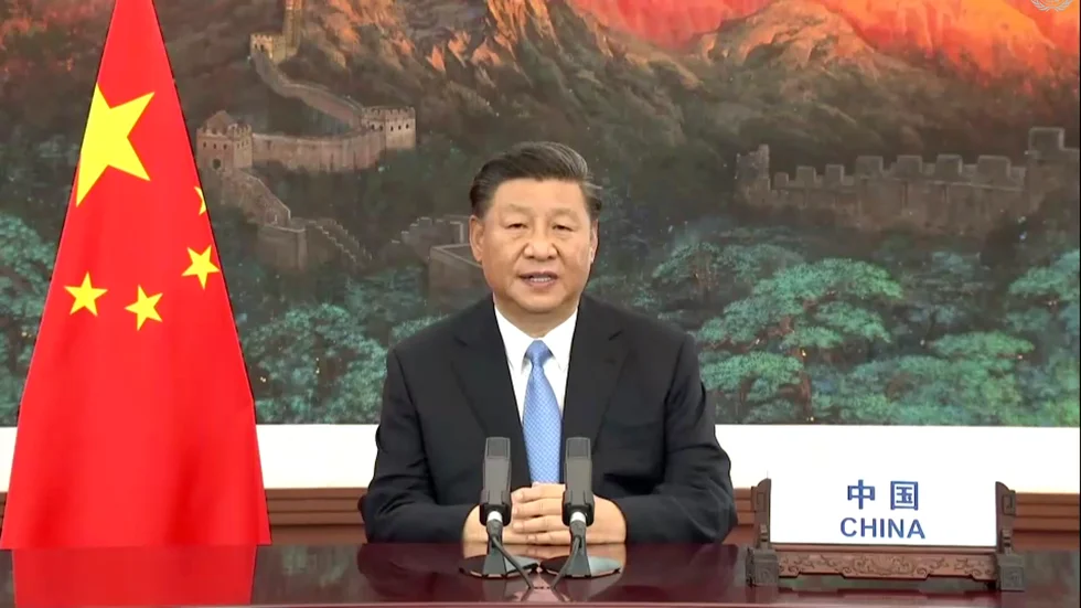 Kinas president Xi Jinping under sitt videotal till FN:s generalförsamling i tisdags.