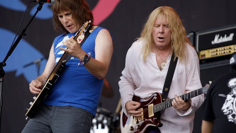 David St Hubbins (Michael McKean) och Nigel Tufnel (Christopher Guest) i det fiktiva bandet Spinal Tap. En mångårig rättstvist om filmen "This is Spinal Tap" har fått ett slut. Arkivbild.