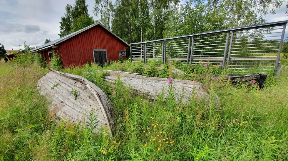 Några båtar i dåligt skick ligger på land.