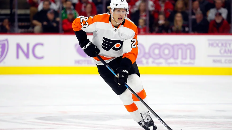Philadelphias Oskar Lindblom i en NHL-match i november förra året. Arkivbild.