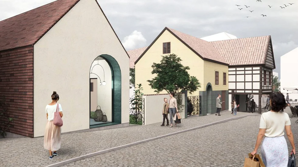 En visionsbild visar hur det nya huset skulle kunna se ut. Det ska innehålla en butikslokal mot gatan och bostäder mot gården.