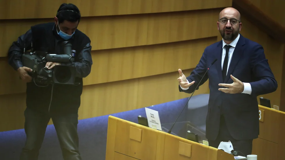 EU:s permanente rådsordförande Charles Michel talar till EU-parlamentets ledamöter under torsdagen.