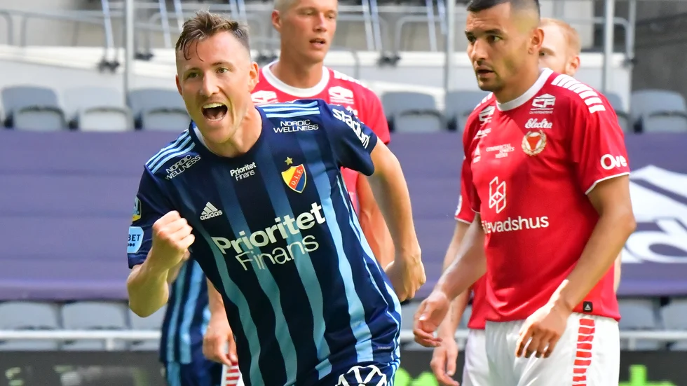 Djurgårdens Fredrik Ulvestad jublar efter sitt 4–0-mål mot Kalmar.