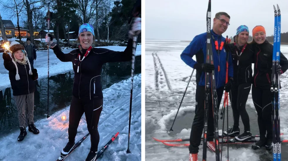 Till vänster: Emma Grenestam går i mål efter nio mil och firas med tomtebloss och marschaller. 
Till höger: Magnus och Amelie Janzon har kört sina 4,5 mil och Emma har några mil kvar till "Mora". 