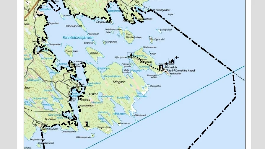 Här syns hur området sträcker sig längs kustan samt ut över havet. 
