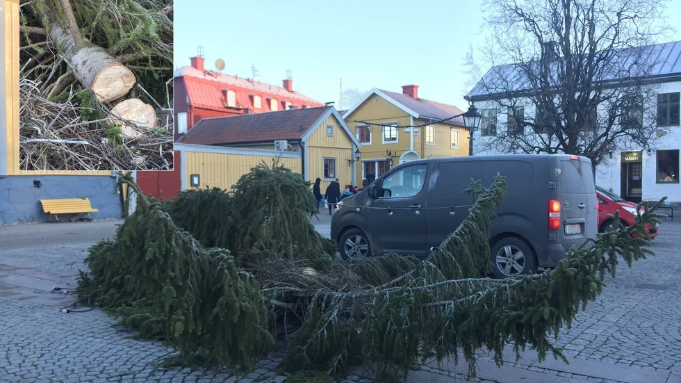 Enligt polisen sågades julgranen av någon gång på natten 23–24 december.