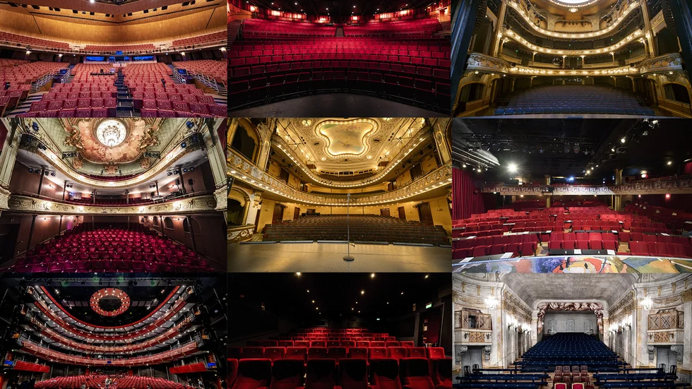 Övre raden från vänster: Malmö Opera, Cirkus, Dramaten.Mellersta raden: Södra Teatern, Oscarsteatern, Scalateatern.Understa raden: Göteborgsoperan, Biograf Victoria, Drottningholmsteatern.